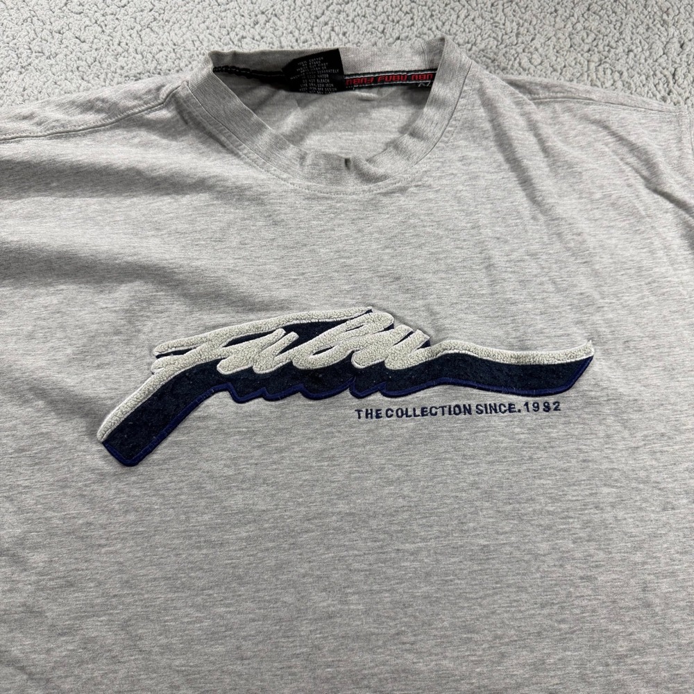 FUBU Mens XL Gray Short Sleeve T-Shirt Script Logo Embroidered 90s Streetwear